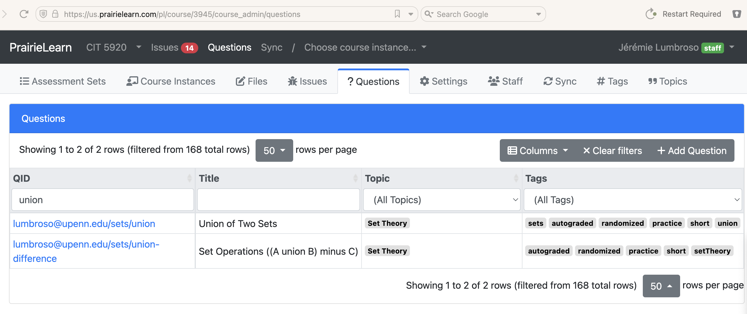Screenshot of the &ldquo;Union of Two Sets&rdquo; question on PrairieLearn question bank of the course